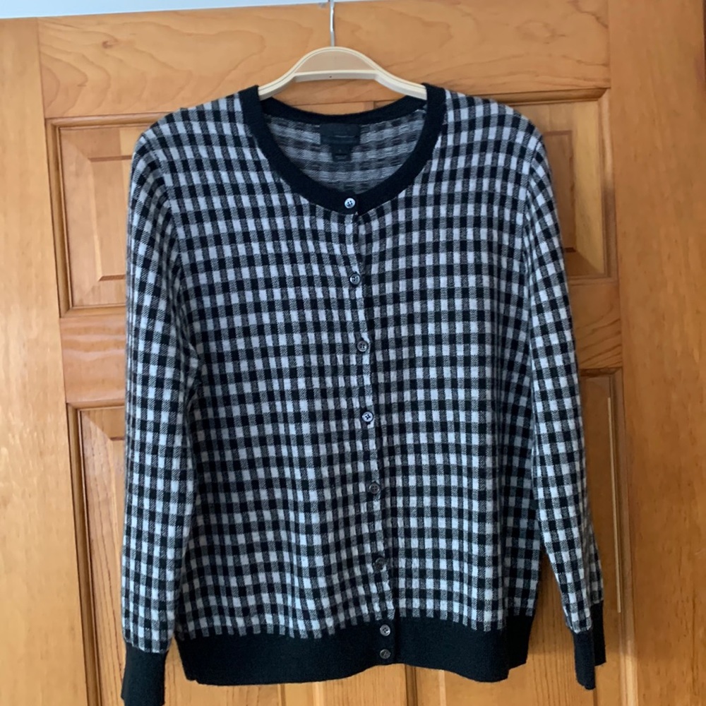 J crew 100% cashmere cardigan check black/white gingham EUC Italian pure 2-ply